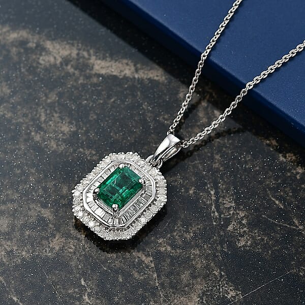 Shop Lc D'Joy Zambian Emerald Diamond Pendant Necklace In Rhodium Over Sterling Silver 1.40 Ctw (20 Inches)