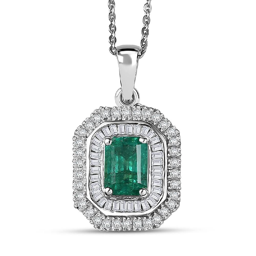 shop lc D'Joy Zambian Emerald Diamond Pendant Necklace in Rhodium Over Sterling Silver 1.40 ctw (20 Inches)