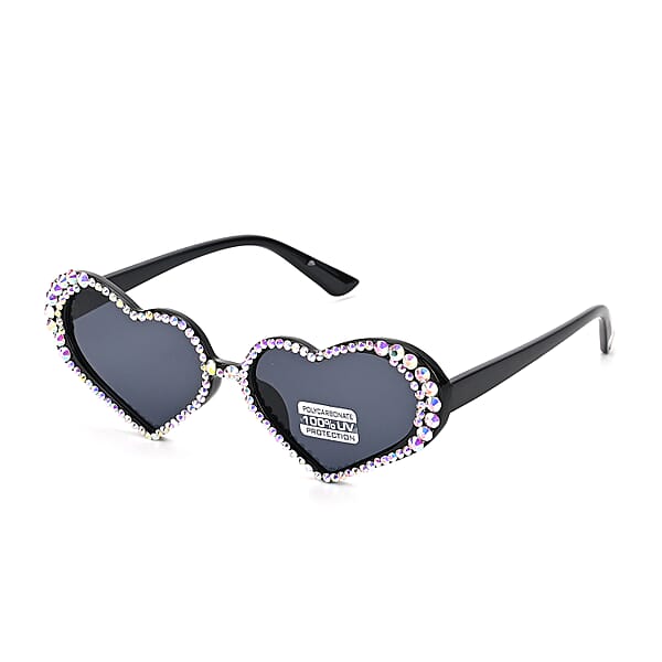 Shop Lc Dark Gray Heart Shape UV400 Sunglasses With Black Artificial Crystal Frame