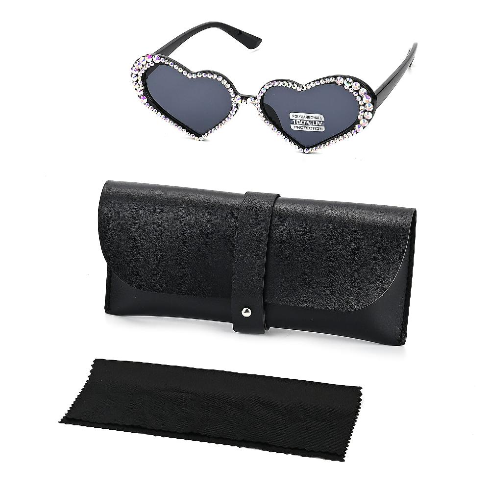 shop lc Dark Gray Heart Shape UV400 Sunglasses with Black Artificial Crystal Frame