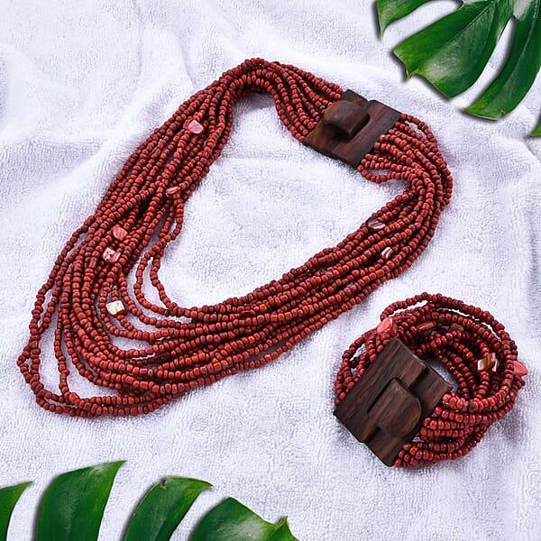 Shop Lc Dark Red Seed Bead And Shell Wooden Buckle Stretch Bracelet And Multi Strand Necklace 18 Inches
