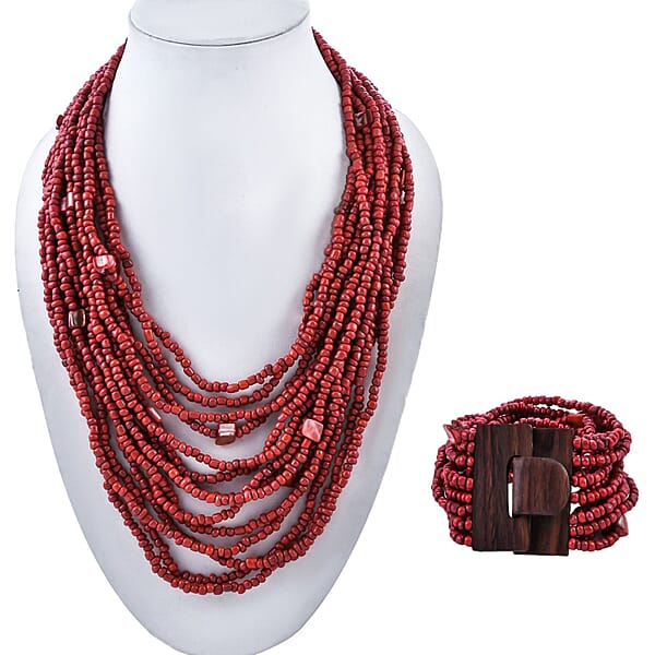 Shop Lc Dark Red Seed Bead And Shell Wooden Buckle Stretch Bracelet And Multi Strand Necklace 18 Inches