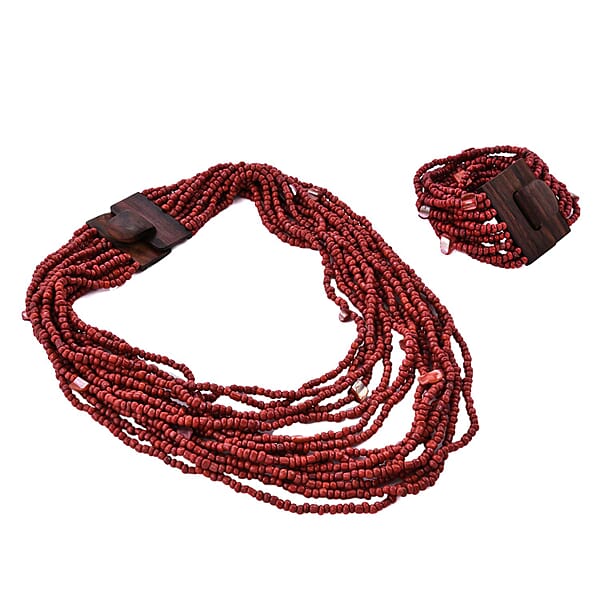 Shop Lc Dark Red Seed Bead And Shell Wooden Buckle Stretch Bracelet And Multi Strand Necklace 18 Inches