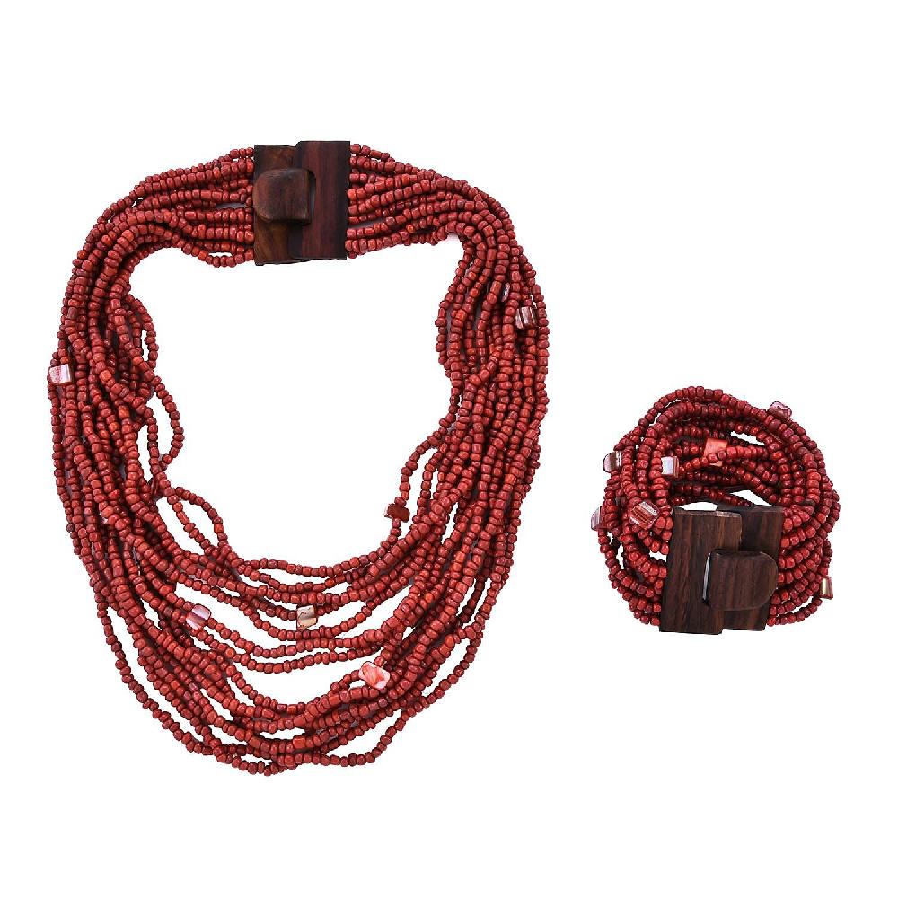 shop lc Dark Red Seed Bead and Shell Wooden Buckle Stretch Bracelet and Multi Strand Necklace 18 Inches