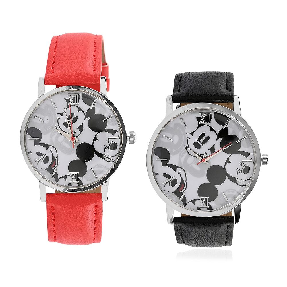 shop lc DISNEY Set of 2 Japanese Movement Red and Black Mickey Mouse Vegan Leather Strap His & Hers Gift Set Watch (35mm) (45mm)