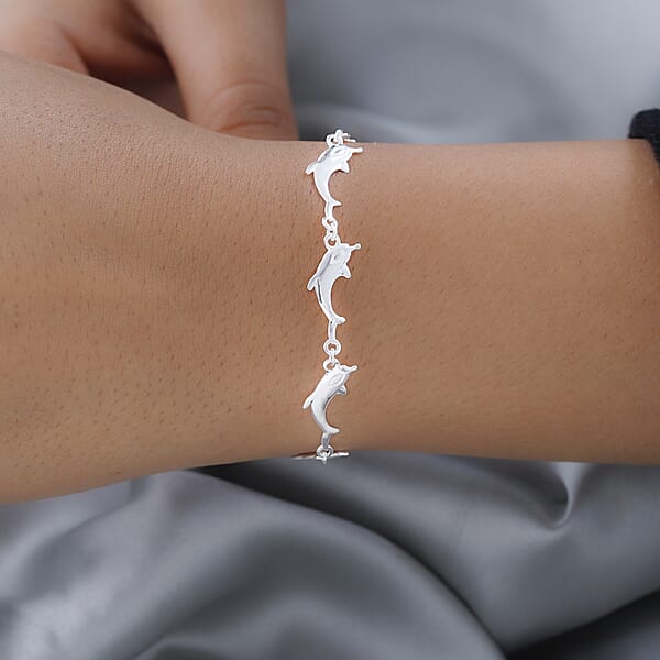 Shop Lc Dolphin Link Charm Bracelet For Women In Sterling Silver Ocean Jewelry Beach Gifts Size 7.25 Inches (7.25 In)