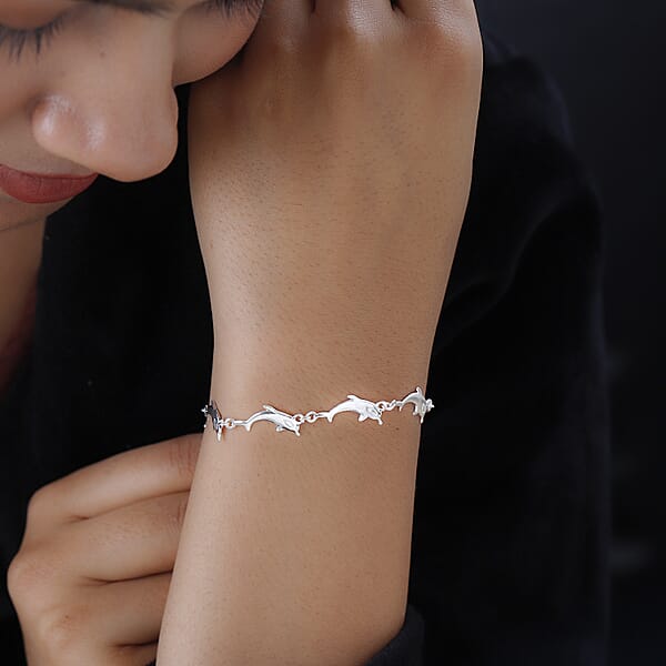 Shop Lc Dolphin Link Charm Bracelet For Women In Sterling Silver Ocean Jewelry Beach Gifts Size 7.25 Inches (7.25 In)