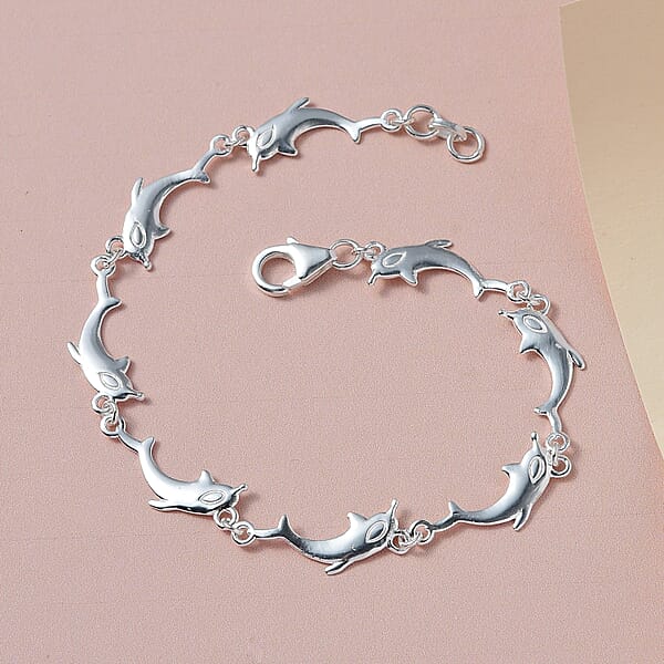 Shop Lc Dolphin Link Charm Bracelet For Women In Sterling Silver Ocean Jewelry Beach Gifts Size 7.25 Inches (7.25 In)