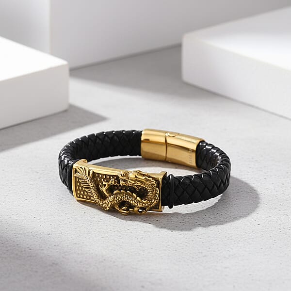 Shop Lc Dragon Motif Microfiber Leather Bracelet In ION Plated YG Stainless Steel (8.00 In)