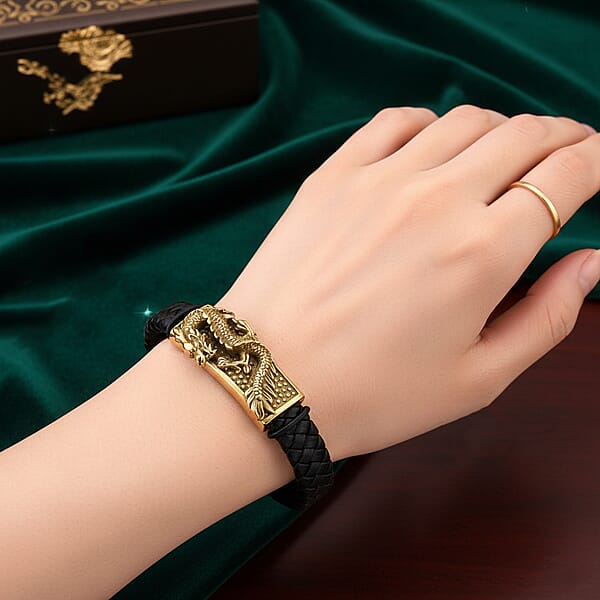 Shop Lc Dragon Motif Microfiber Leather Bracelet In ION Plated YG Stainless Steel (8.00 In)