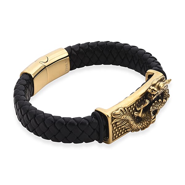 Shop Lc Dragon Motif Microfiber Leather Bracelet In ION Plated YG Stainless Steel (8.00 In)