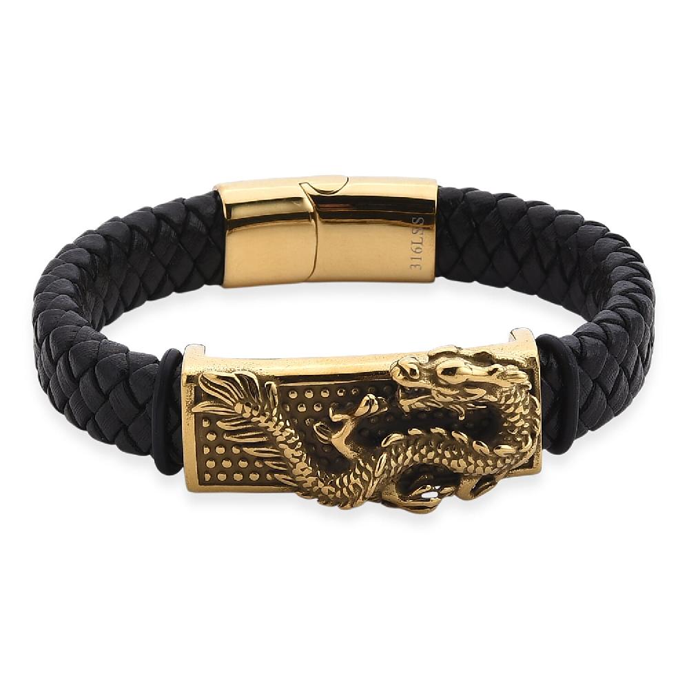shop lc Dragon Motif Microfiber Leather Bracelet in ION Plated YG Stainless Steel (8.00 In)