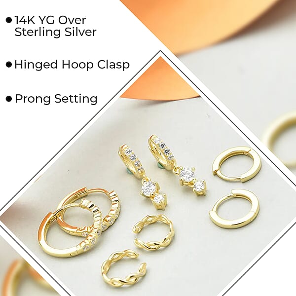 Shop Lc Ear Party Set Of 4 Simulated Diamond 1.30 Ctw Earrings 1 Hoops 1 Studded & 1 Plain Huggies 1 Criss-cross Ear Cuffs In 14K YG Over Sterling Silver