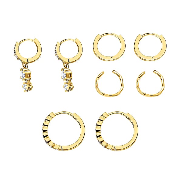 Shop Lc Ear Party Set Of 4 Simulated Diamond 1.30 Ctw Earrings 1 Hoops 1 Studded & 1 Plain Huggies 1 Criss-cross Ear Cuffs In 14K YG Over Sterling Silver