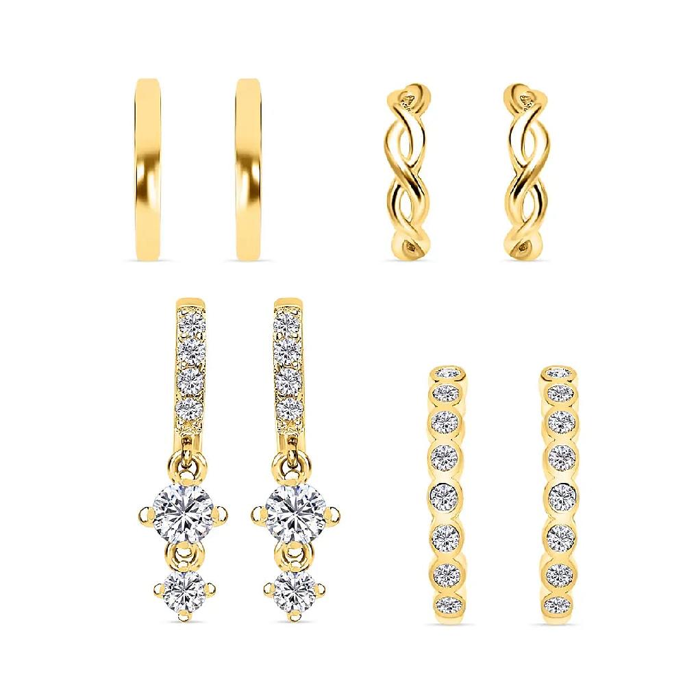 shop lc Ear Party Set of 4 Simulated Diamond 1.30 ctw Earrings 1 Hoops 1 Studded & 1 Plain Huggies 1 Criss-cross Ear Cuffs in 14K YG Over Sterling Silver
