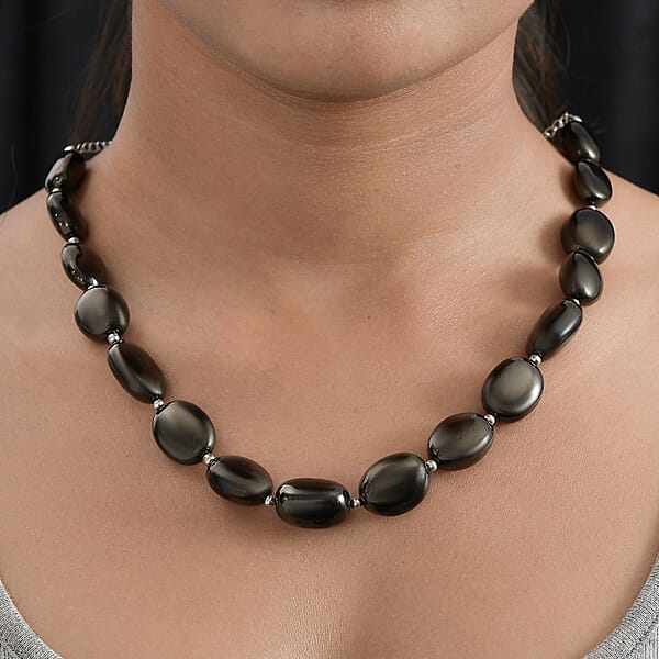 Shop Lc Elite Shungite Beaded Necklace 18-20 Inches In Rhodium Over Sterling Silver 135.00 Ctw