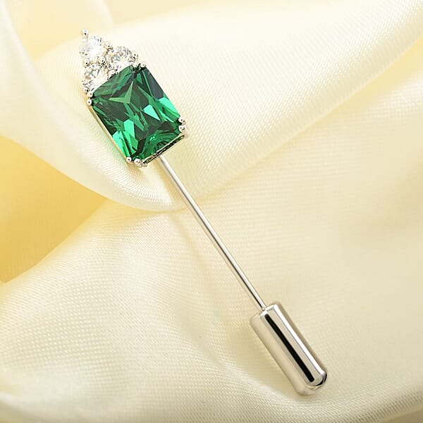 Shop Lc Emerald Cut Simulated Green And White Diamond Barpin In Silvertone 2.35 Ctw