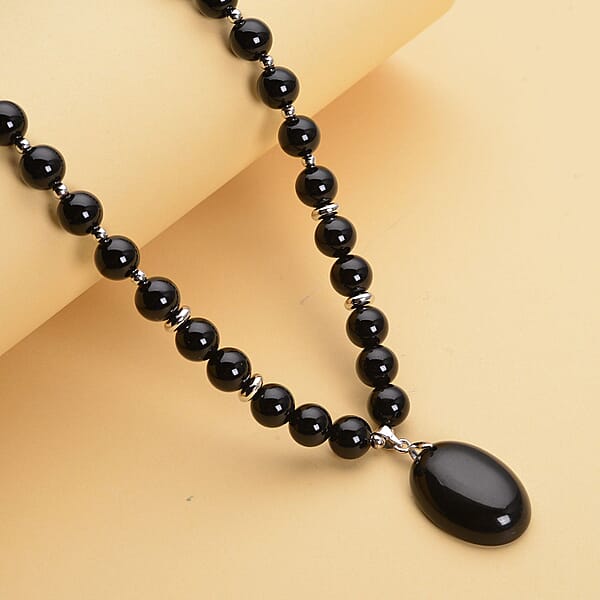 Shop Lc Enhanced Black Agate (D) 180.50 Ctw Beaded Necklace 18-20 Inches With Elongated Matching Pendant In Silvertone