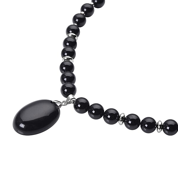 Shop Lc Enhanced Black Agate (D) 180.50 Ctw Beaded Necklace 18-20 Inches With Elongated Matching Pendant In Silvertone