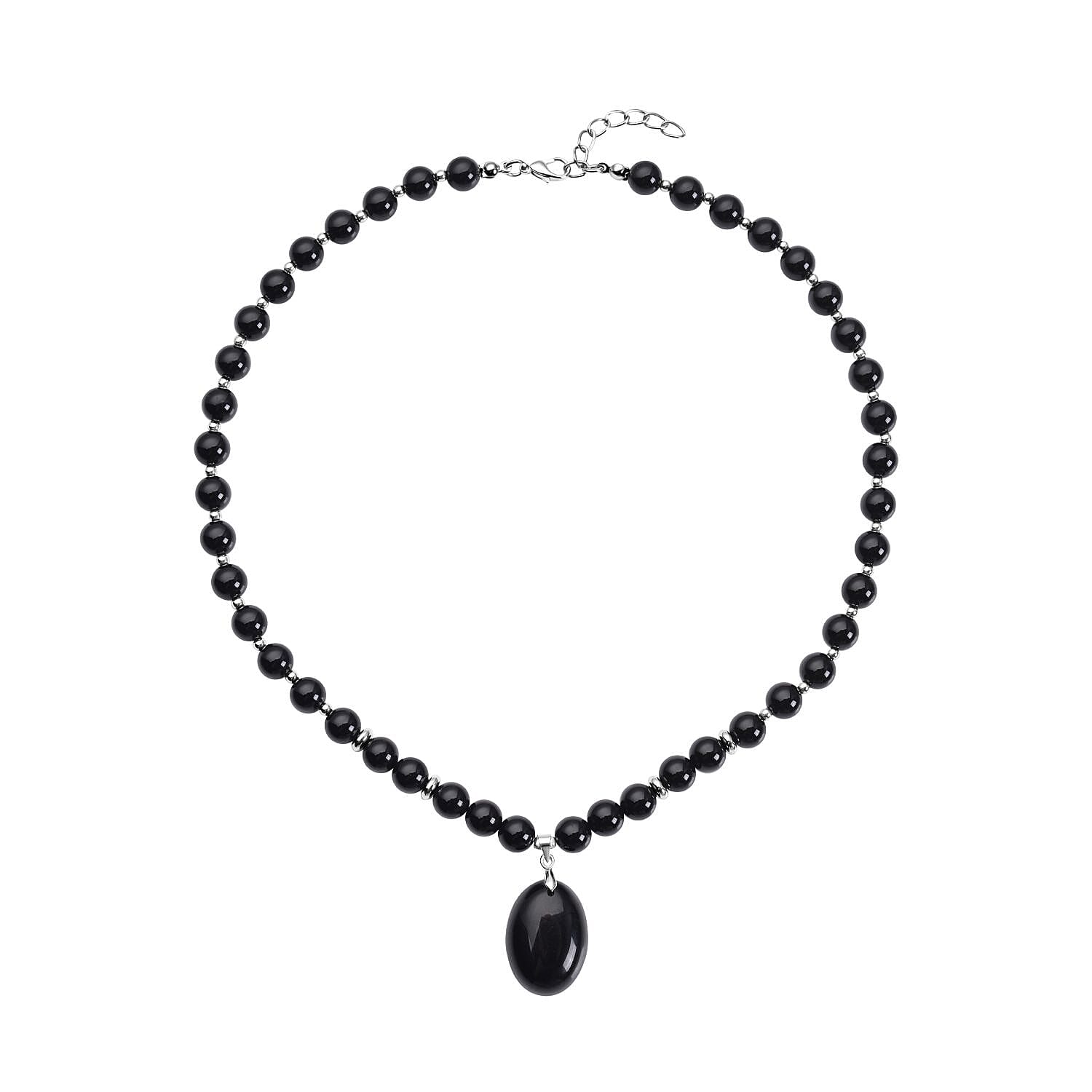 shop lc Enhanced Black Agate (D) 180.50 ctw Beaded Necklace 18-20 Inches with Elongated Matching Pendant in Silvertone