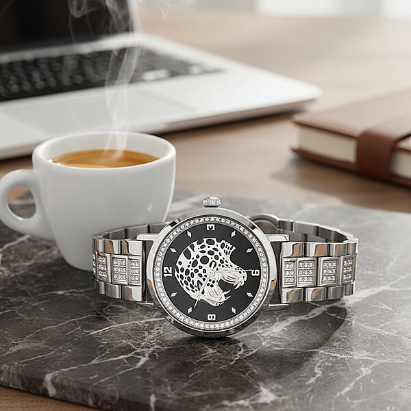 Shop Lc EON 1962 Moissanite Ronda 763 Swiss Movement Leopard Pattern Watch In Stainless Steel 1.20 Ctw