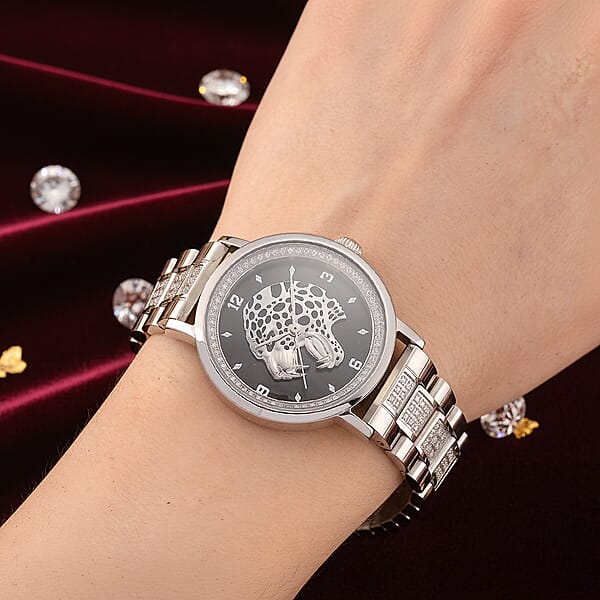 Shop Lc EON 1962 Moissanite Ronda 763 Swiss Movement Leopard Pattern Watch In Stainless Steel 1.20 Ctw