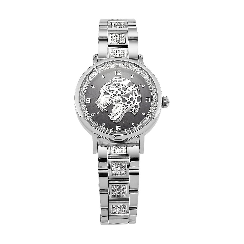 shop lc EON 1962 Moissanite Ronda 763 Swiss Movement Leopard Pattern Watch in Stainless Steel 1.20 ctw