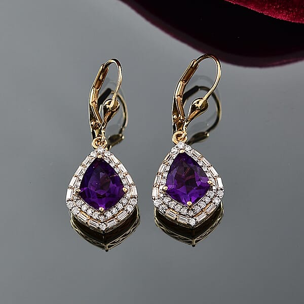 Shop Lc Epic Deal D'Joy AAA Lusaka Amethyst And Moissanite 6.10 Ctw Shield Earrings In 18K Vermeil Yellow Gold Over Sterling Silver
