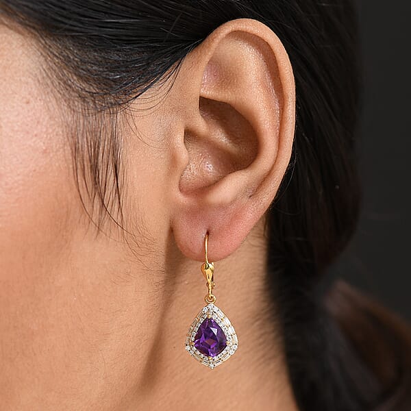 Shop Lc Epic Deal D'Joy AAA Lusaka Amethyst And Moissanite 6.10 Ctw Shield Earrings In 18K Vermeil Yellow Gold Over Sterling Silver