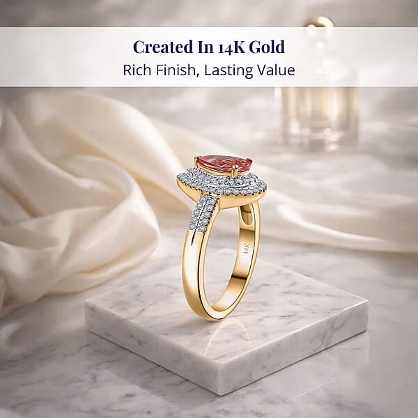 Shop Lc Epic Deal Luxoro 14K Yellow Gold AAA Padparadscha Sapphire (BT) Diamond (G-H I2) (0.40 Cts) Double Halo Ring 1.50 Ctw