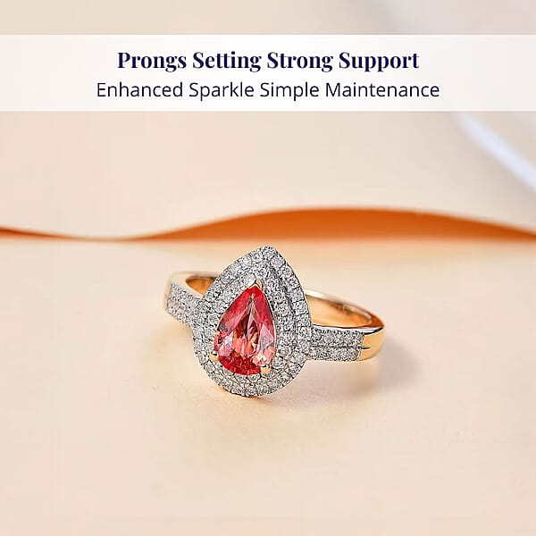 Shop Lc Epic Deal Luxoro 14K Yellow Gold AAA Padparadscha Sapphire (BT) Diamond (G-H I2) (0.40 Cts) Double Halo Ring 1.50 Ctw