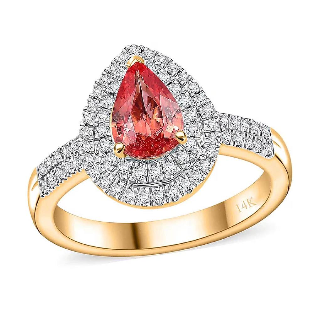 shop lc Epic Deal Luxoro 14K Yellow Gold AAA Padparadscha Sapphire (BT) Diamond (G-H I2) (0.40 cts) Double Halo Ring 1.50 ctw