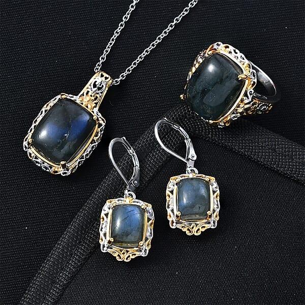 Shop Lc EverTrue 3 Piece Set - Malagasy Labradorite 30.40 Ctw Earrings Ring And Pendant In ION Plated 18K YG And Platinum Bond With Stainless Steel Necklace 20 Inches (Del. In 7-10 Days)