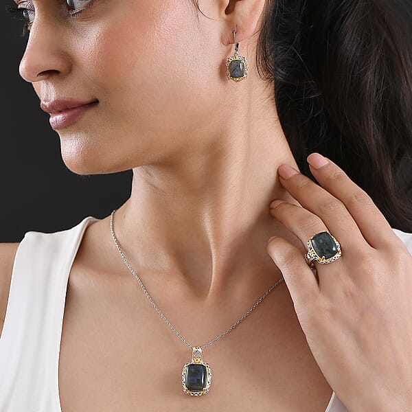 Shop Lc EverTrue 3 Piece Set - Malagasy Labradorite 30.40 Ctw Earrings Ring And Pendant In ION Plated 18K YG And Platinum Bond With Stainless Steel Necklace 20 Inches (Del. In 7-10 Days)