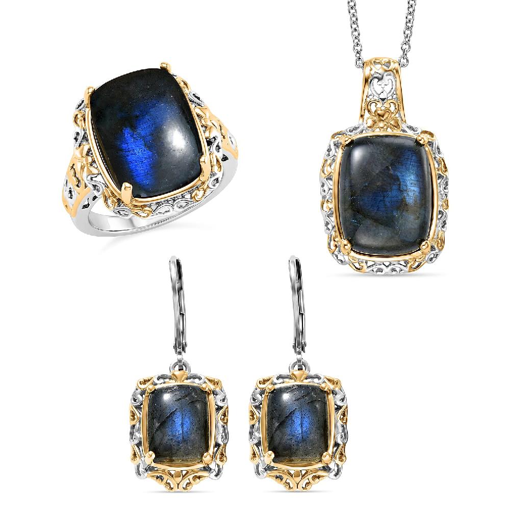 shop lc EverTrue 3 Piece Set - Malagasy Labradorite 30.40 ctw Earrings Ring and Pendant in ION Plated 18K YG and Platinum Bond with Stainless Steel Necklace 20 Inches (Del. in 7-10 Days)