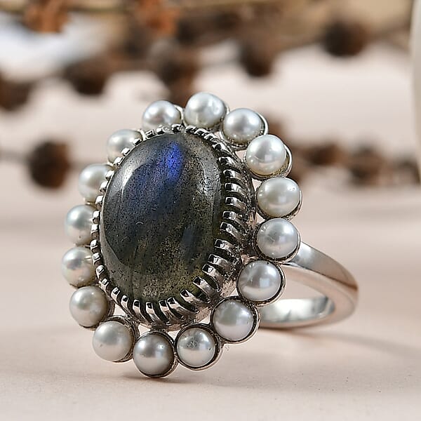 Shop Lc EverTrue AAA Malagasy Labradorite Freshwater Pearl Ring In Platinum Bond 6.30 Ctw