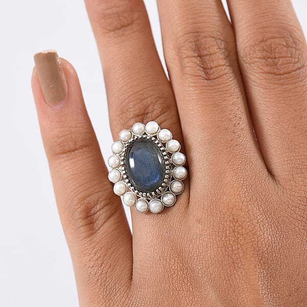 Shop Lc EverTrue AAA Malagasy Labradorite Freshwater Pearl Ring In Platinum Bond 6.30 Ctw