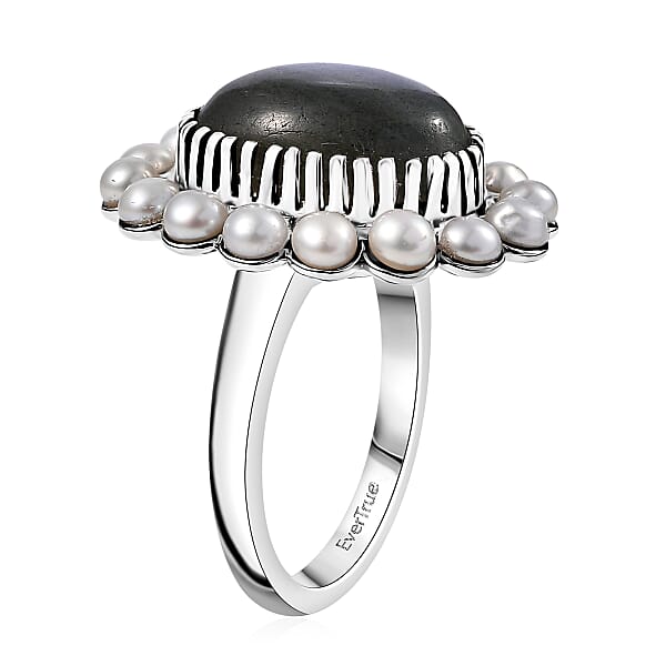 Shop Lc EverTrue AAA Malagasy Labradorite Freshwater Pearl Ring In Platinum Bond 6.30 Ctw