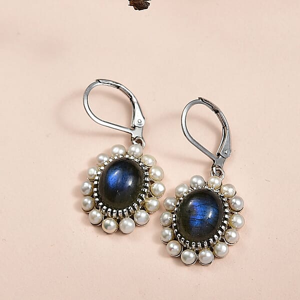 Shop Lc EverTrue AAA Malagasy Labradorite Freshwater Pearl Earrings In Platinum Bond 7.80 Ctw
