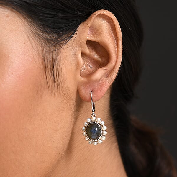 Shop Lc EverTrue AAA Malagasy Labradorite Freshwater Pearl Earrings In Platinum Bond 7.80 Ctw