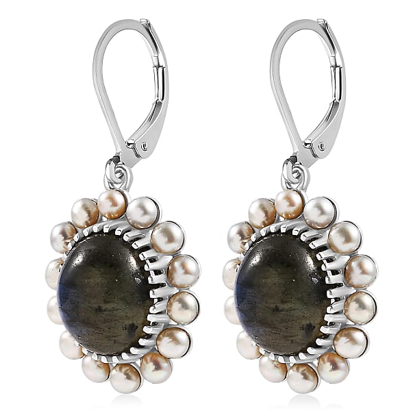 Shop Lc EverTrue AAA Malagasy Labradorite Freshwater Pearl Earrings In Platinum Bond 7.80 Ctw