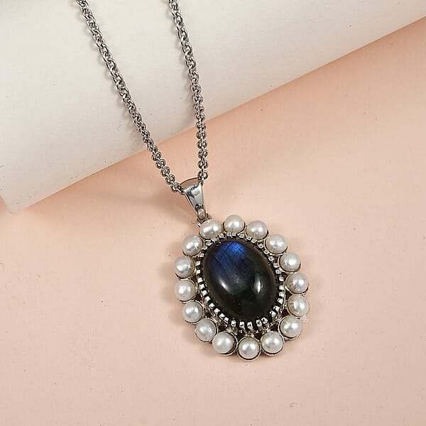 Shop Lc EverTrue AAA Malagasy Labradorite Freshwater Pearl Eclipse Pendant In Platinum Bond With Stainless Steel Necklace 6.10 Ctw (20 Inches)