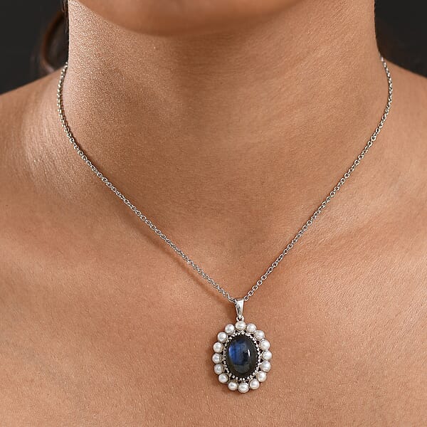 Shop Lc EverTrue AAA Malagasy Labradorite Freshwater Pearl Eclipse Pendant In Platinum Bond With Stainless Steel Necklace 6.10 Ctw (20 Inches)