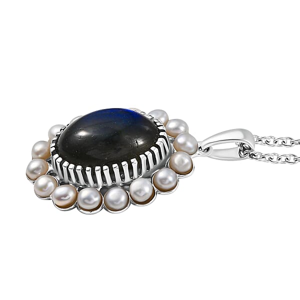 Shop Lc EverTrue AAA Malagasy Labradorite Freshwater Pearl Eclipse Pendant In Platinum Bond With Stainless Steel Necklace 6.10 Ctw (20 Inches)