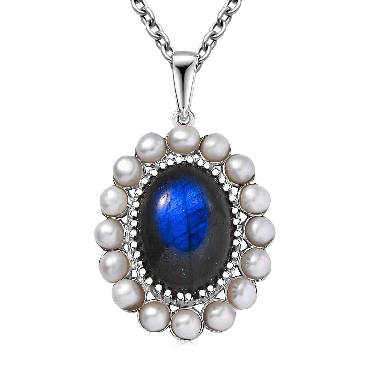 shop lc EverTrue AAA Malagasy Labradorite Freshwater Pearl Eclipse Pendant in Platinum Bond with Stainless Steel Necklace 6.10 ctw (20 Inches)