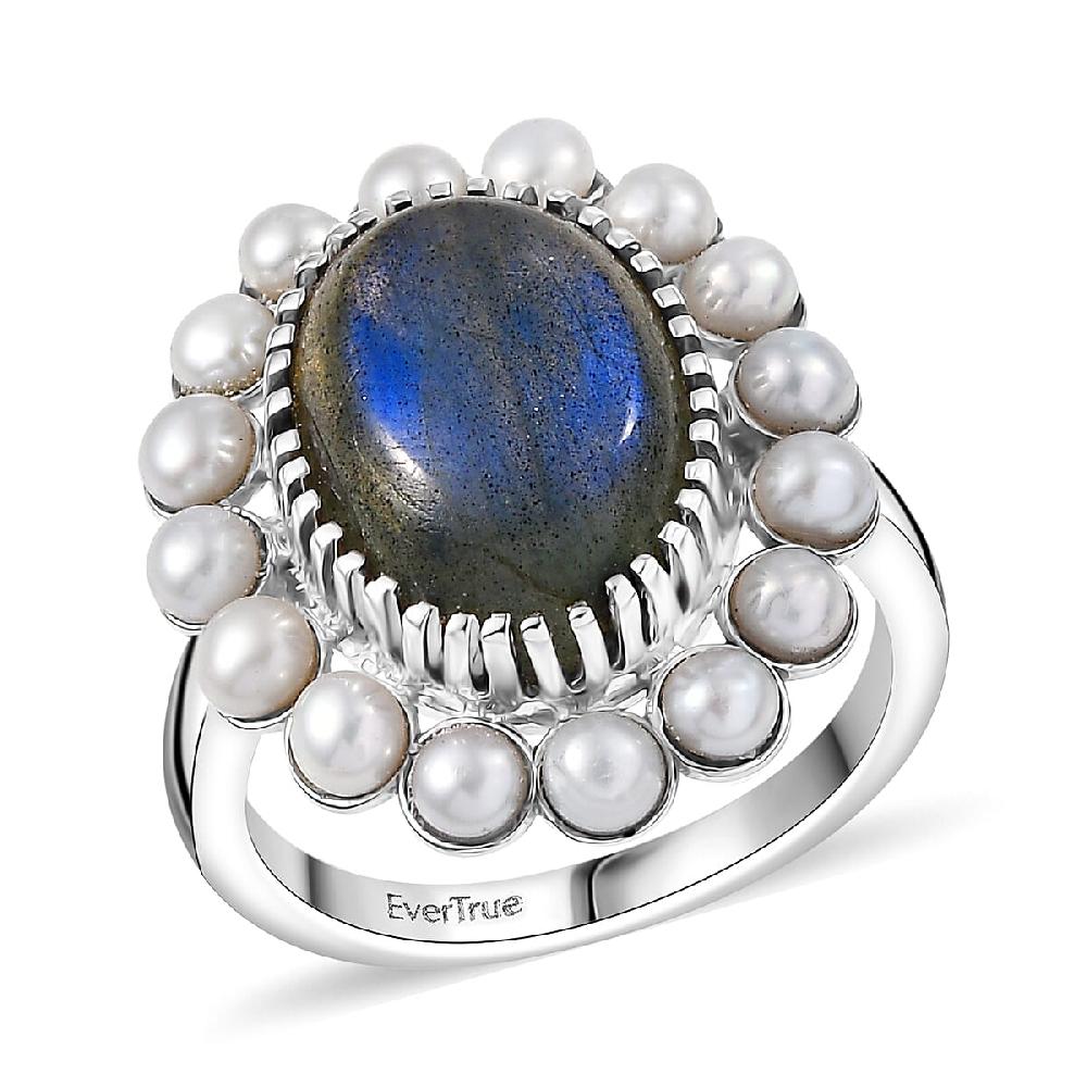 shop lc EverTrue AAA Malagasy Labradorite Freshwater Pearl Ring in Platinum Bond 6.30 ctw