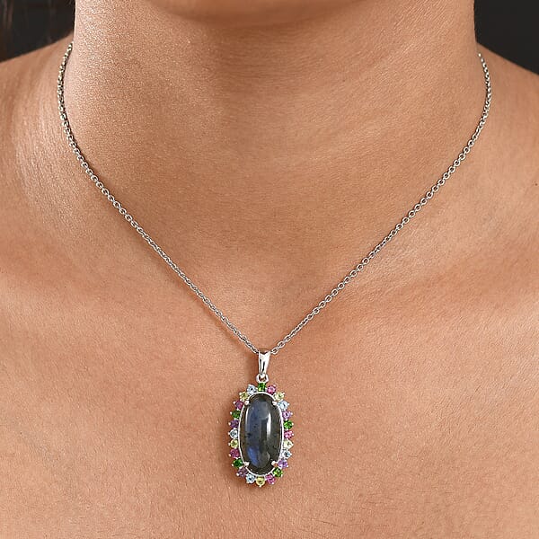 Shop Lc EverTrue AAA Malagasy Labradorite Multi Gemstone Aurora Blossom Pendant In Platinum Bond With Stainless Steel Necklace 11.00 Ctw (20 Inches)