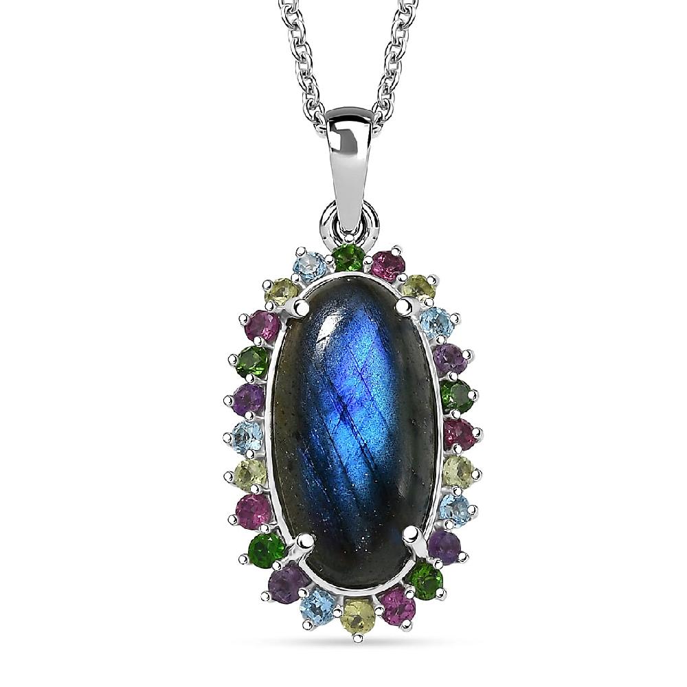 shop lc EverTrue AAA Malagasy Labradorite Multi Gemstone Aurora Blossom Pendant in Platinum Bond with Stainless Steel Necklace 11.00 ctw (20 Inches)
