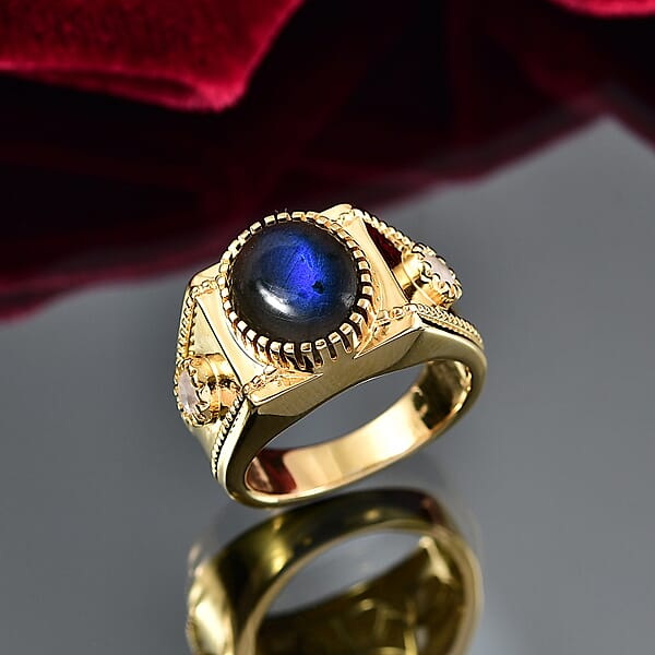Shop Lc EverTrue AAA Malagasy Labradorite Rainbow Moonstone Men's Ring In 18K YG Plated 5.40 Ctw