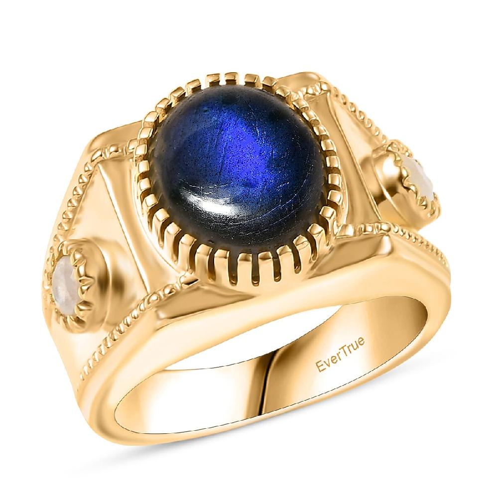 shop lc EverTrue AAA Malagasy Labradorite Rainbow Moonstone Men's Ring in 18K YG Plated 5.40 ctw